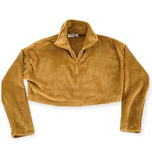 Crop Sweatshirt Half Zip Pullover Sweater Mustard Yellow Plushy Fuzzy Size Small